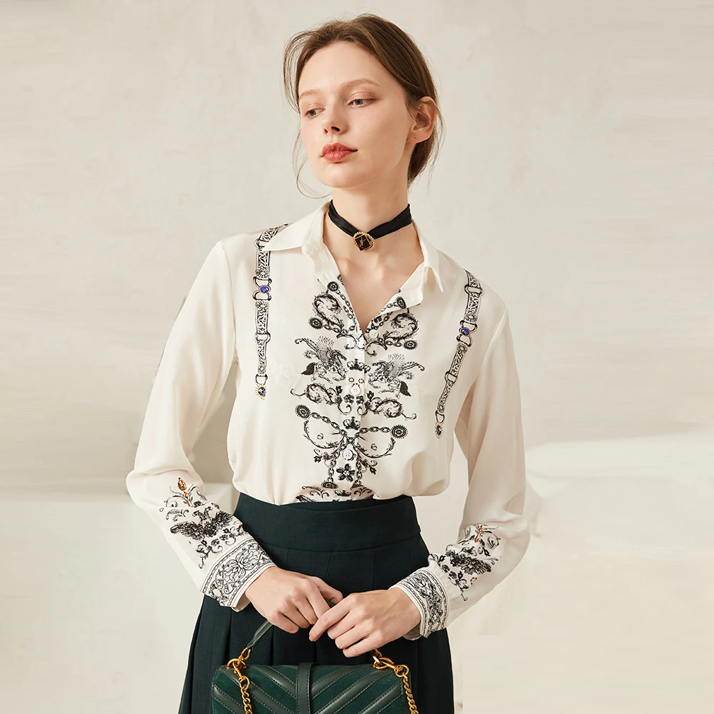 100% Шелковая Блуза женская рубашка Винтажная с принтом и отложным воротником