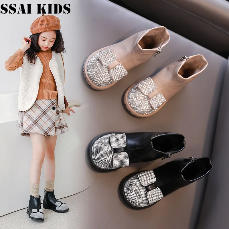 

SSAI KIDS Girls boots rhinestone bow princess short boots 2020 winter new children's shoes plus velvet children's boots