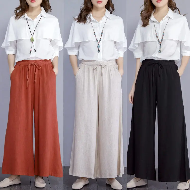 

Spring Fall New Women's Loose Cotton and Linen Solid Color Lace Up Long Elastic Waist Casual Pants Women Wide Leg Trousers r500