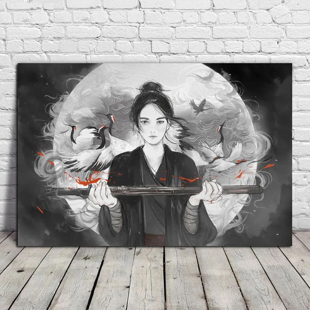 

Wall Art Print and Poster Canvas Painting Home Decor Decorative Pictures Japanese Samurai and Red-crowned Crane