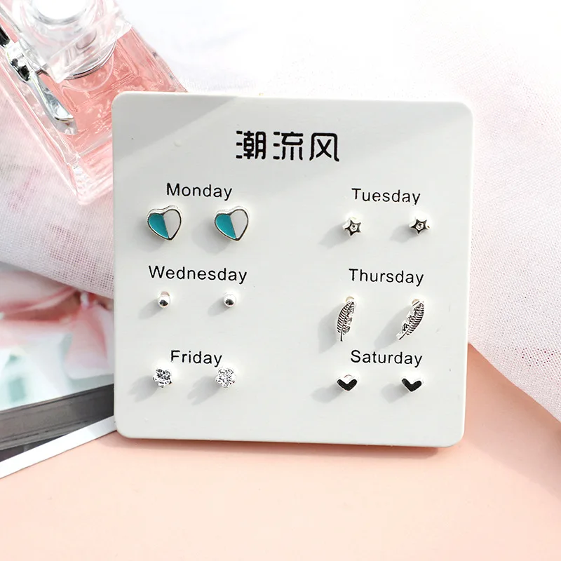 6 Pairs/set, New Earrings for Women Stars Heart Crytal Cute Earrings Fashion Jewelry Monday To Saturday 6 Pairs Earrings