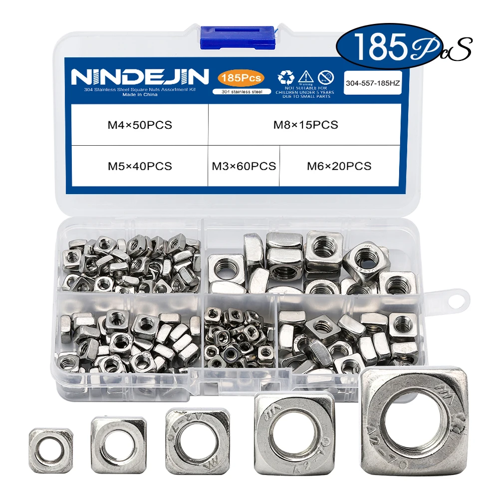 NINDEJIN набор прямоугольных гаек 185 шт. A2 нержавеющая сталь M3 M4 M5 M6 M8 метрические