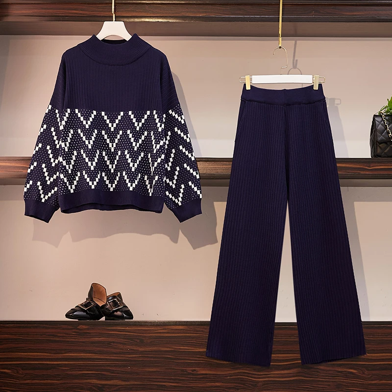 Dark blue Зимний комплект из двух предметов, женский спортивный костюм, пуловеры, Свободный вязаный свитер+ широкие брюки, женский костюм из 2 предметов, комплекты в комплекте, большие размеры - Цвет: Dark blue