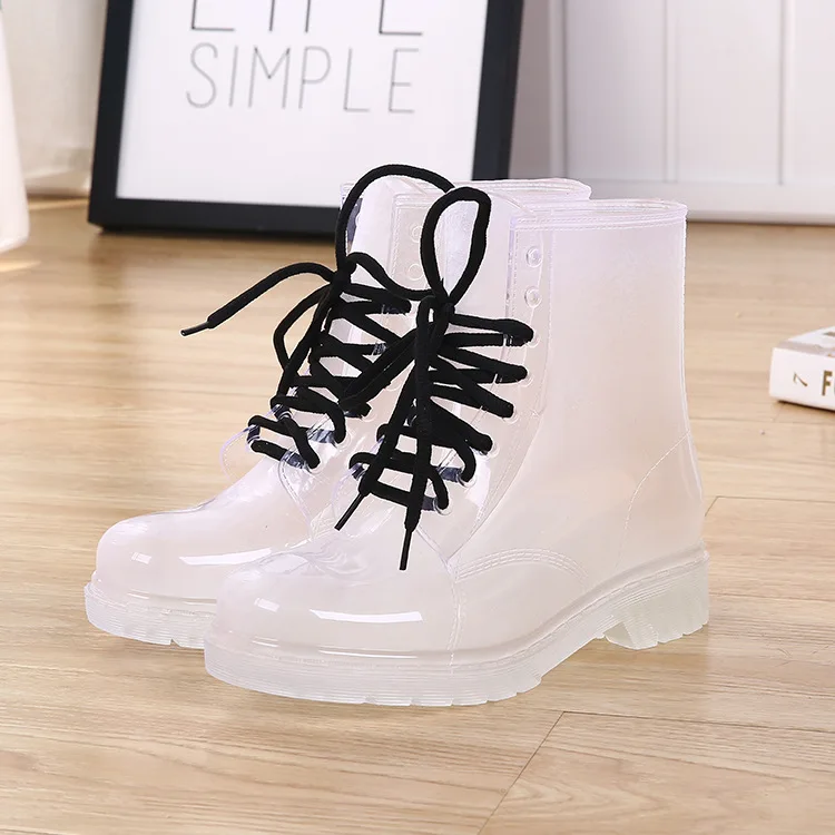 

Women Rain Boots Mature Lady Lace Up Waterproof Lady Shoes Transparent Candy Colors Ankle Outdoor Girl's Shoes dfc3