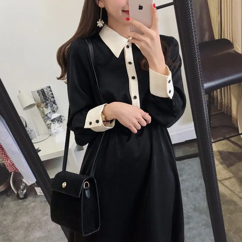 Женское лоскутное платье трапеция с длинным рукавом Повседневное средней длины