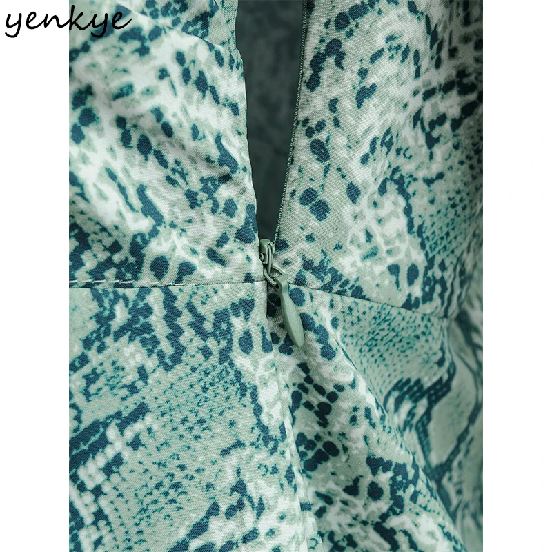 

YENKYE New Spring Women Ruffle Trims Vintage Print Dress Lantern Sleeve V Neck High Waist A-line Mini Dress Casual Vestido