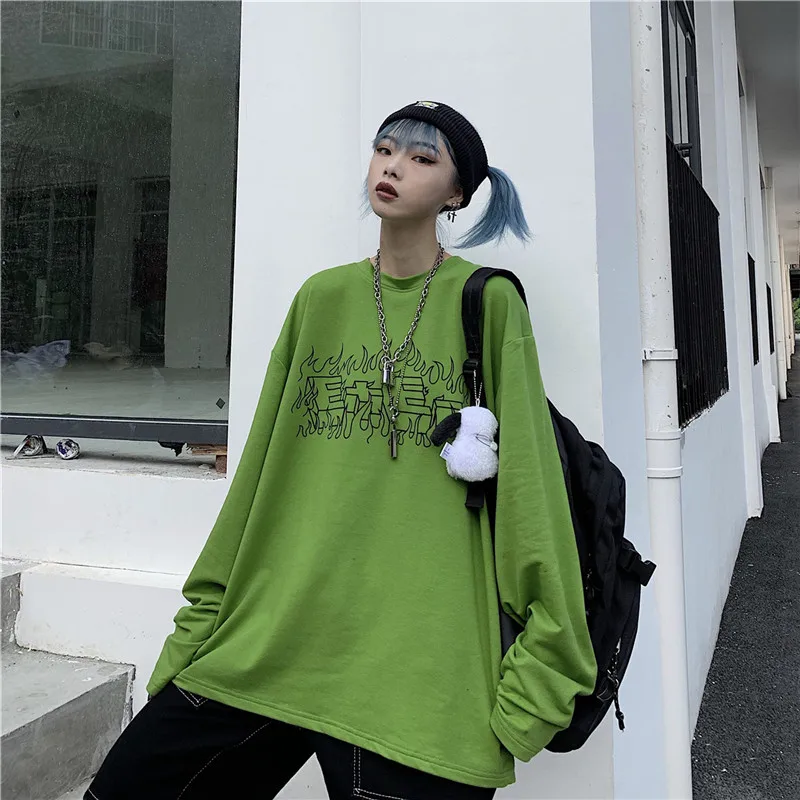 Lychee Harajuku, чистый цвет, длинный рукав, женская футболка, пламя, буквенный принт, осень, женская футболка, свободная, зеленая, женская футболка