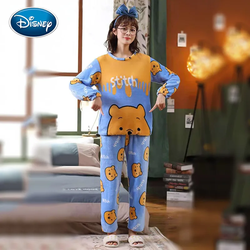 

Новый утолщенный Теплый Женский пижамный комплект Disney с изображением милого пуха и медведя, зимняя Домашняя одежда с длинным рукавом, комплект пижам из кораллового флиса