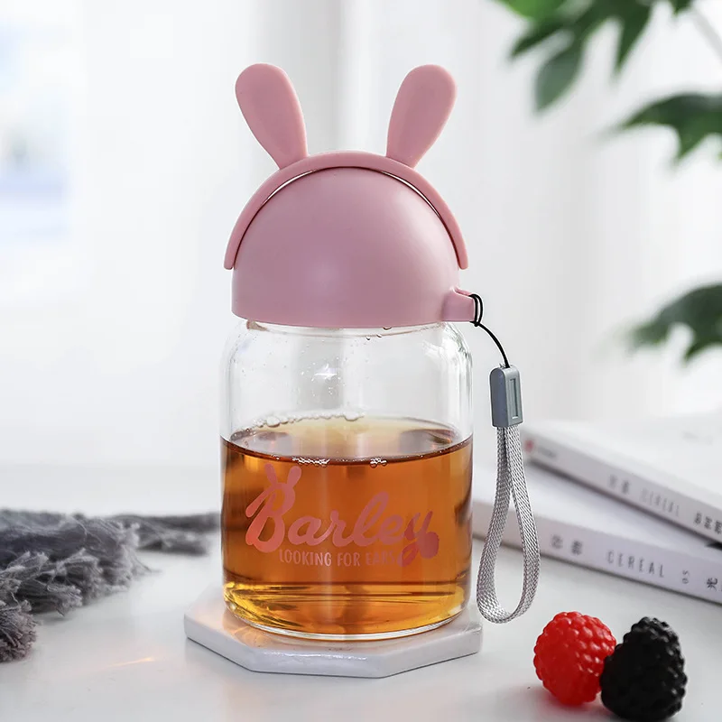

Ear High Borosilicate Glasses Korean Cute Outdoor Hand-Held Water Cup Creative Water Bottles Cute Water Bottle for Girls Kawaii