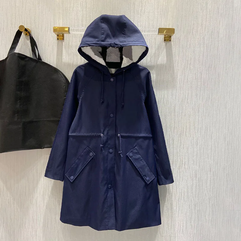 

Женский Тренч с капюшоном и карманами, темно-синее пальто на пуговицах, Свободное пальто, верхняя одежда, ветрозащитные куртки, Осень-зима ...