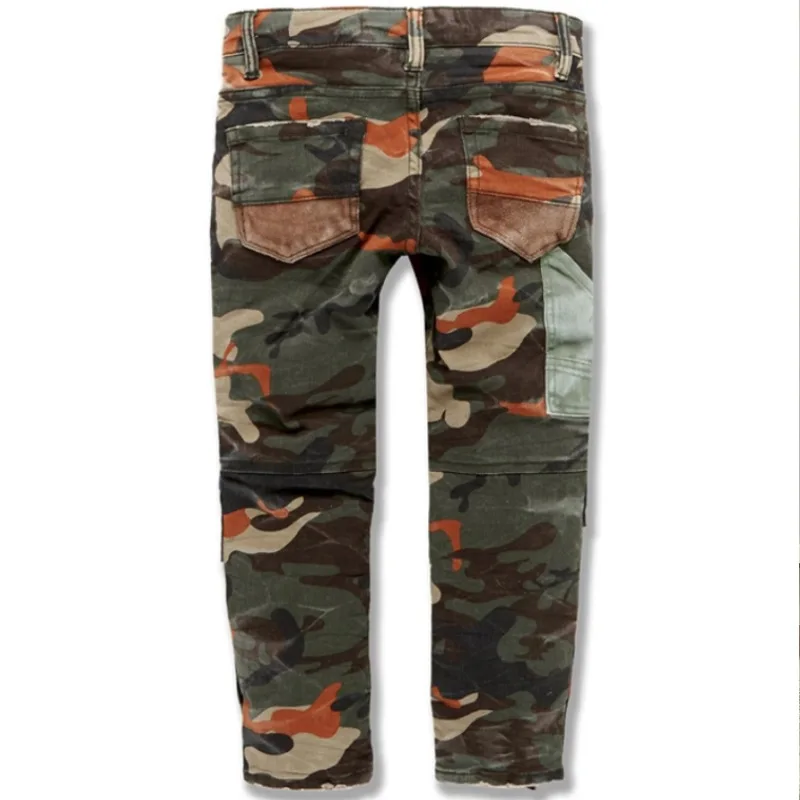 New Arrivals Camouflage Hole Ripped Men Pencil Jeans Trousers Ankle Buttons Hip Hop Patch Slim Punk Denim Pants Pantalon Homme
