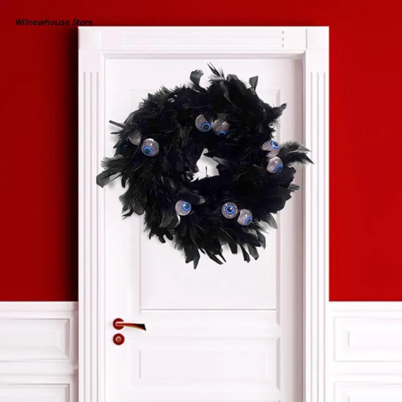 

F62A 11in Black Natural Cocktail Feather Wreath with Eye Halloween Decor Door Wreath