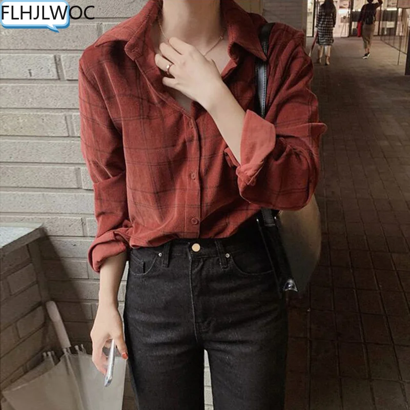 

Женские корейские шикарные топы, блузы, женская элегантная офисная однобортная рубашка с длинным рукавом, на пуговицах, красная клетчатая Б...