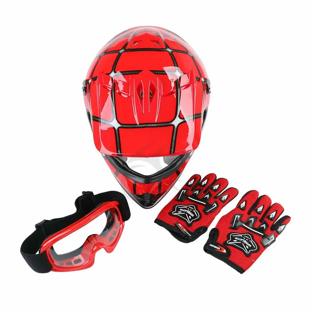 Motorcycle DOT Youth Kids Cycling Helmet Red Spider Net Motocross Off-Road Sports Safety Goggles+Gloves Equipment | Автомобили и