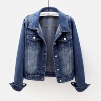 spring korean vintage blue slim denim jacket women student frayed short outerwear plus size long sleeve jeans jacket coat female