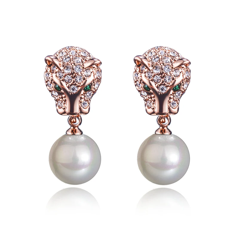 

Leopard Earrings Rose Gold Plated Fashion Micro Pave Top CZ Crystals Charms Pearl Stud Earrings For Women Party Jewelry