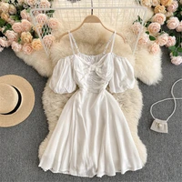 women hollow bow sling dress 2021 summer one shoulder puff sleeve slim mini strap dresses sexy party gown female clothing 2021