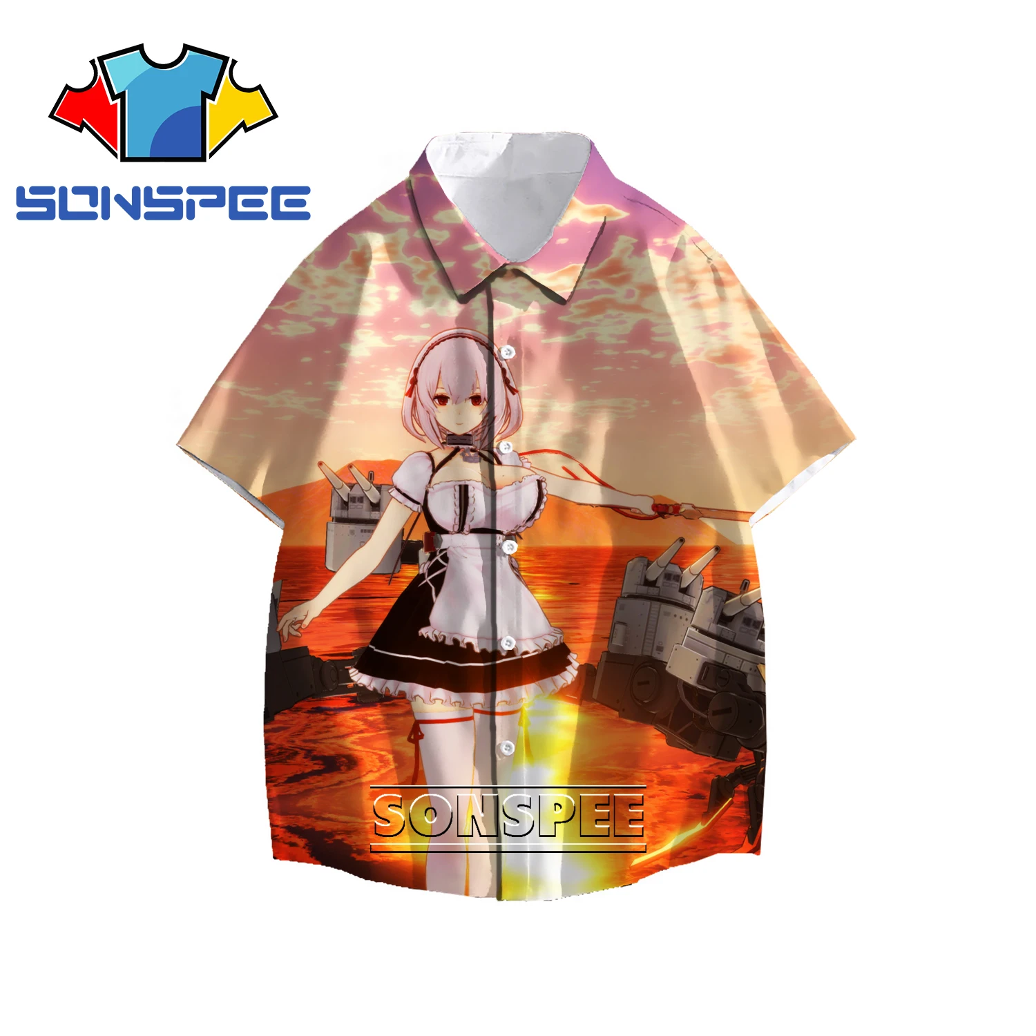 

SONSPEE 3D Anime Azur Lane Printed Casual Shirt Kimono Sexy Bikini Maid Loose Oversized Short Sleeve Men's Summer Lapel Shirt