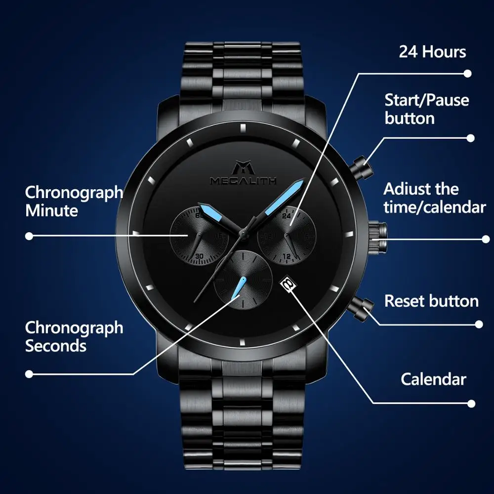 Часы MEGALITH Мужские кварцевые со стальным браслетом люксовые модные повседневные
