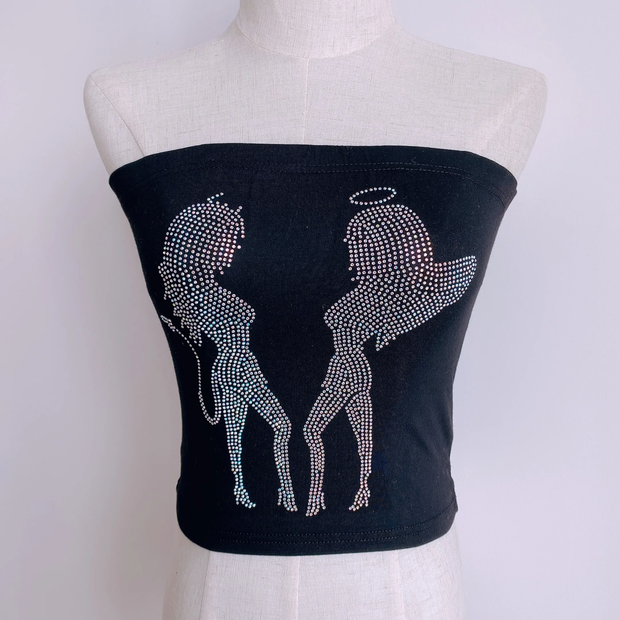 Summer 2020 Angel Devil Rhinestones Crop Tube Top Women Sexy Strapless Skinny Tops Tees Punk Harajuku Girls Street Bandeau | Женская