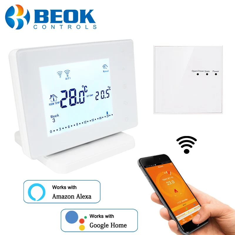 Beok Wireless Wifi Smart Thermostat for Gas Boiler Actuator Room Temperature Controller Works with Google Home Alexa USB Powered