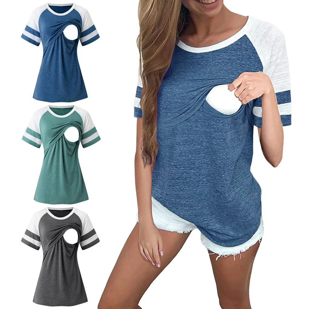 

Stitching Pregnant Women Summer Short Sleeves Multifunctional Breastfeeding T-shirt Top Comfortable Cotton Breathable Top #lr1