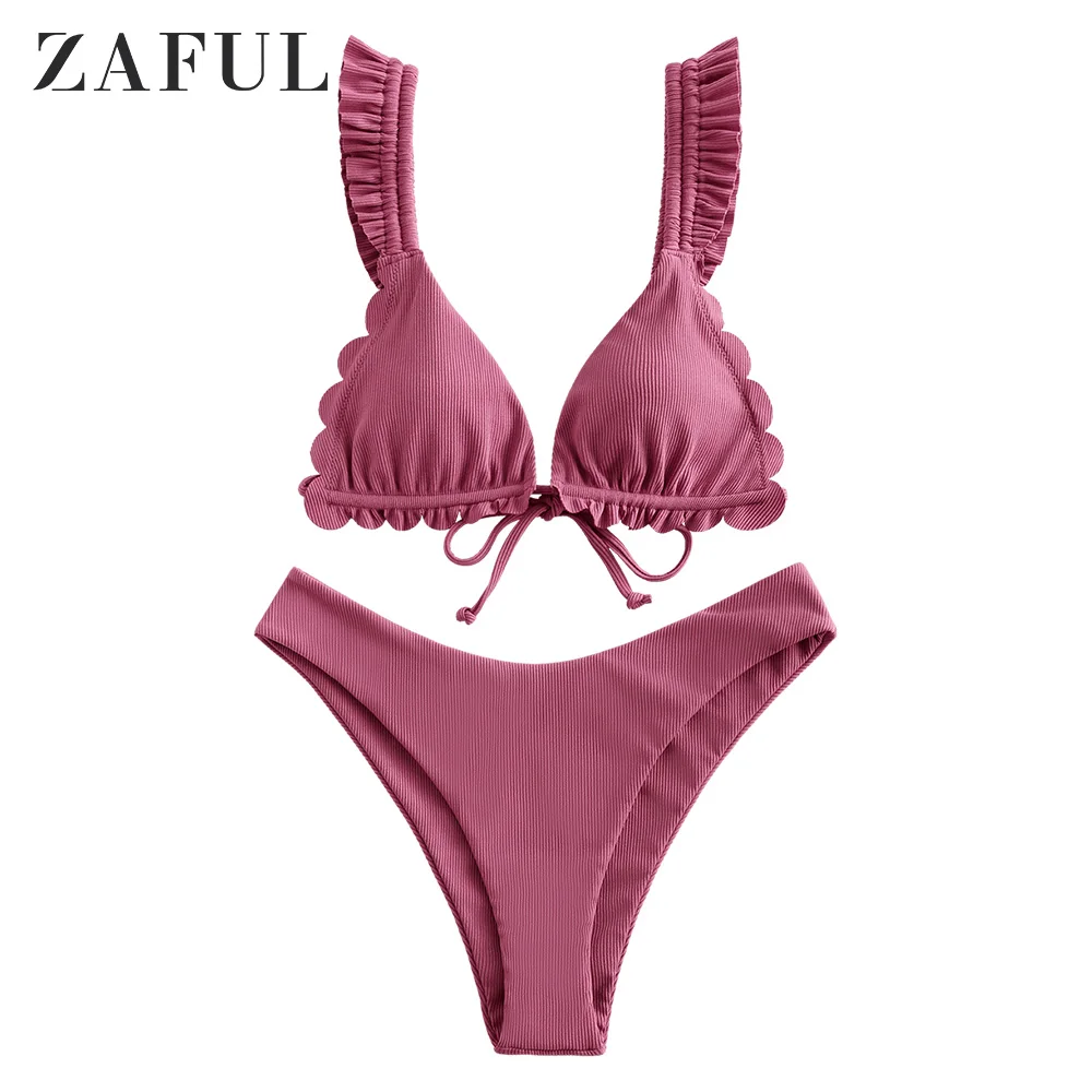 ZAFUL Ribbed Plunge Frilled Bikini Women Swimsuit High Cut Wire Free Bathing Suit Padded Swimwear 2020 Bikinis Set | Женская одежда