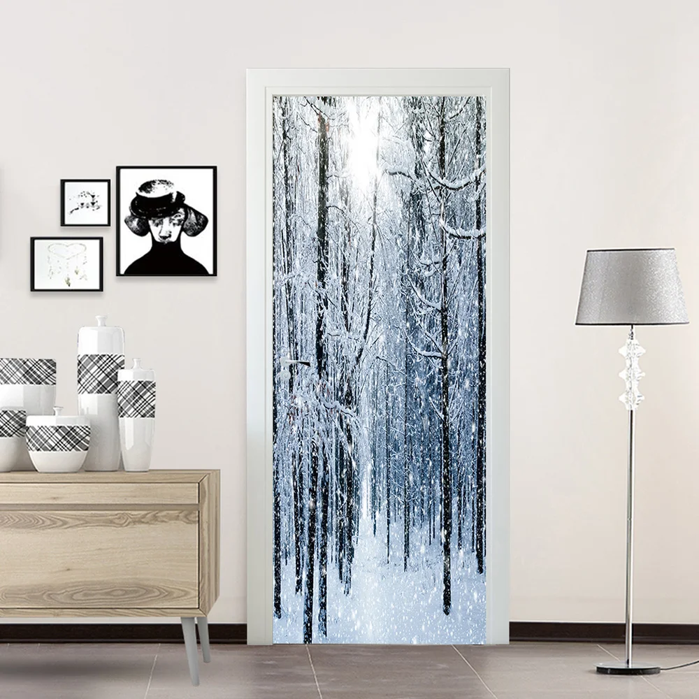 

2PCS/Set 3D Simulation Removable Stickers PVC Wallpaper Door Affixed Decal Decorative Living Room Renovation - 38.5cm (Winter Fo