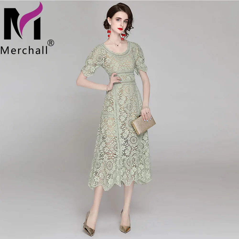 

Merchall 2021 Summer Holiday Lace Party Dress Female Crochet Flower Hollow Out O Neck Short Sleeve Long Midi Slim Dresses M68228