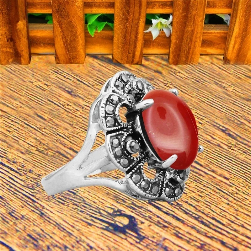 Oval Agates Rings For Women Antique Silver Plated Natural Stone Rhinestone Plum Flower Vintage Fashion Jewelry TR711 | Украшения и