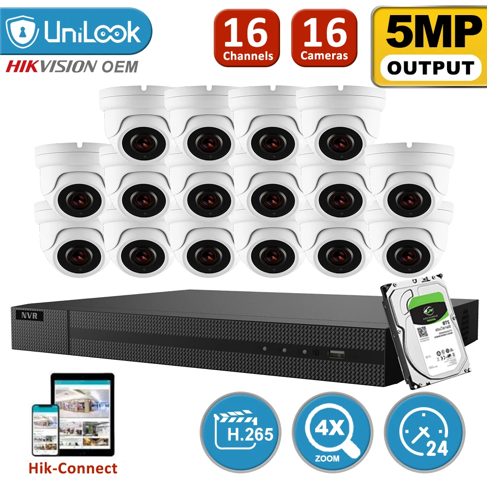 UniLook 16CH NVR 16 шт. 5MP Белый Купол POE IP камера комплект системы безопасности 2 8-12 мм 4X