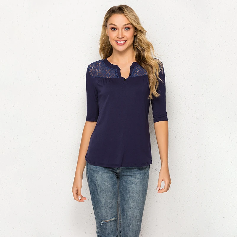 

Summer Women Lace Patchwork T Shirt V Neck Cropped Sleeve Top Three Quarter Sleeves Casual Solid Color T Shirt Slim Clothing