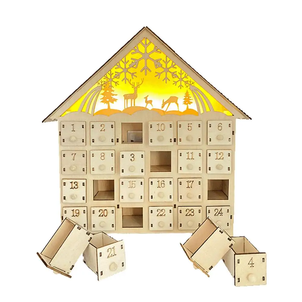 

Christmas Wooden 24 Days Countdown Calendar Wooden House With LED Light Desktop Ornaments Crafts Christmas Party Supplies