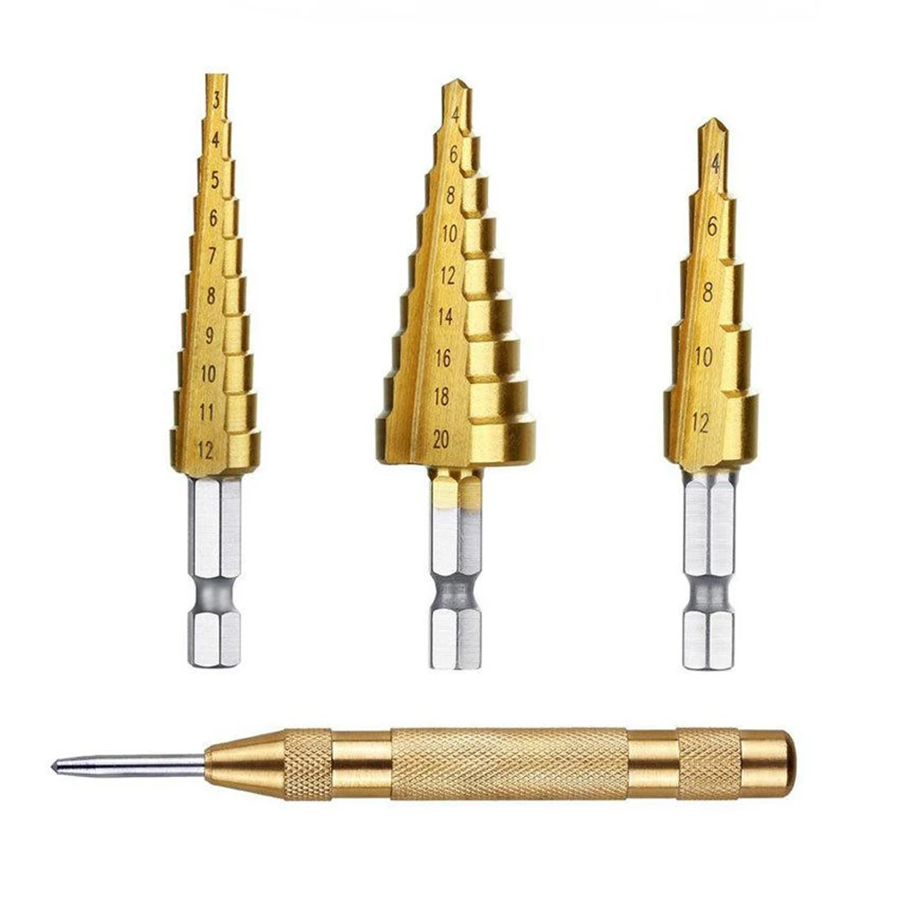 

3pcs 3-12mm 4-12mm 4-20mm HSS Straight Groove Step Drill Bit Set Titanium Coated Wood Metal Hole Cutter Core With 1 Center Punch