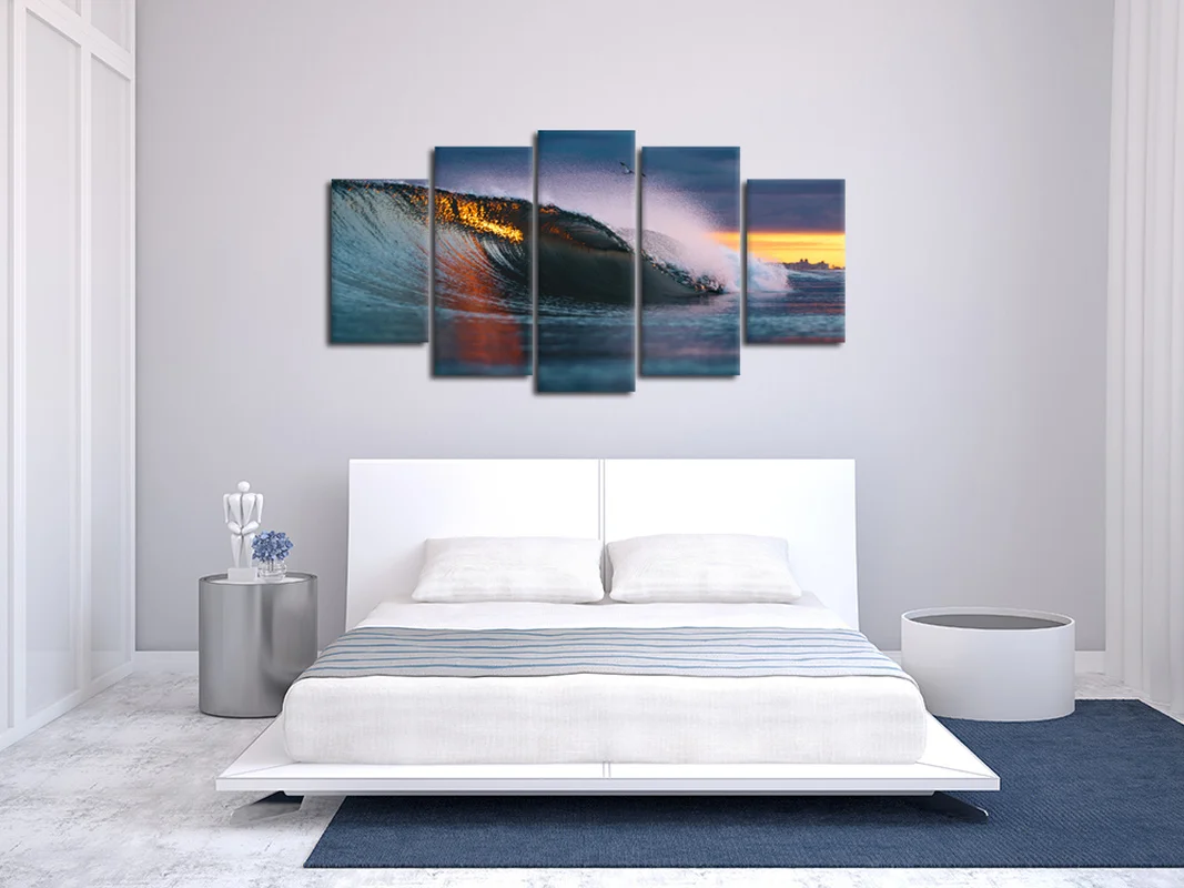 

Ocean Landscape Canvas Painting Sea Waves At Sunset Wall Art Poster 5 Pieces Flying Bird HD Print Framed Wall Decor Picture