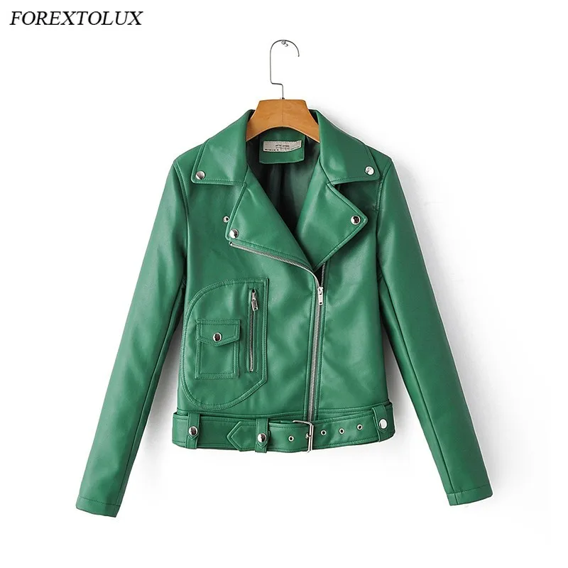 

Женская зеленая байкерская куртка с отложным воротником и ремнем из искусственной кожи пальто на молнии с карманами однотонное тонкое паль...