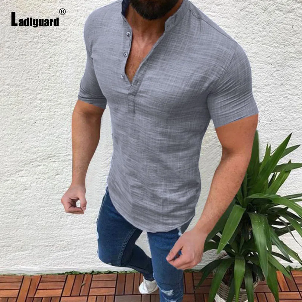 Plus Size 4xl 5xl Mens Elegant Leisure Blouse Gray Black Linen Top Short Sleeve Casual Shirt blusas Homme Ropa Sexy Men Clothing