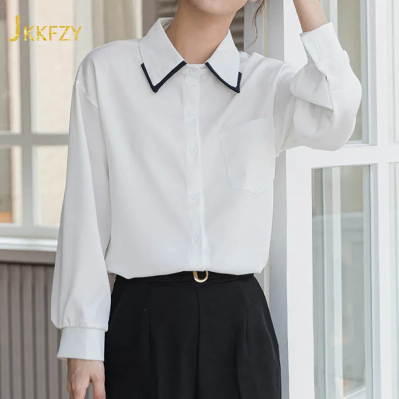 

Fashion Chiffon Top Women's Long-sleeved Shirts Female Elegant Pocket Casual Buttons Blouse Summer White Office Tops Plus Size