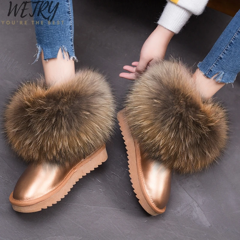 

WETRY Luxury Winter Snow Boots Natural Real Fox Fur Boots Waterproof Genuine Suede Cow Leather Boots Women Non-slip Short Boots