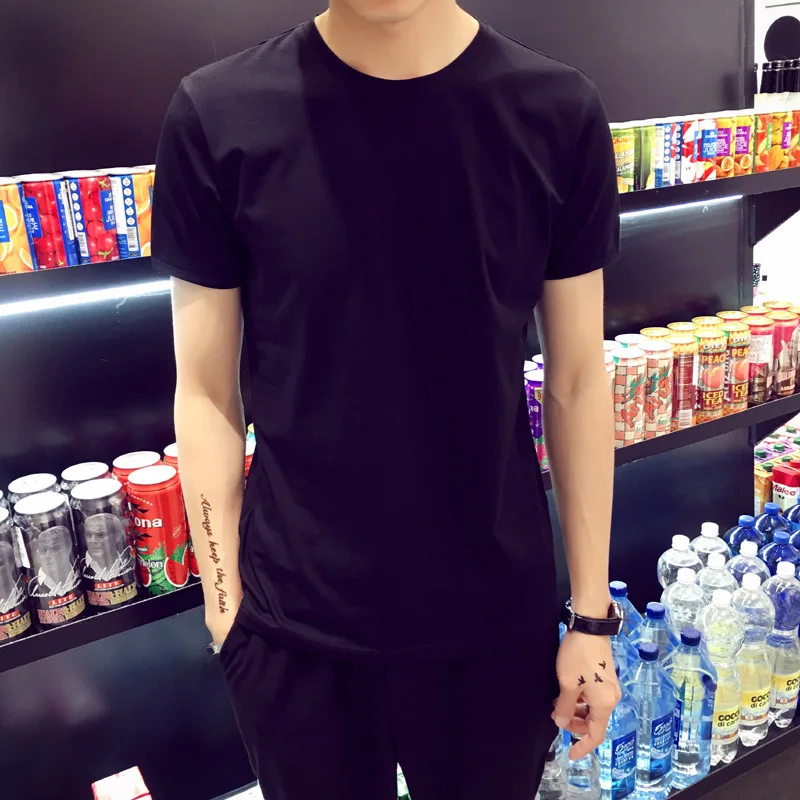 Новинка 2019 Стильная однотонная футболка с коротким рукавом Мужская одежда