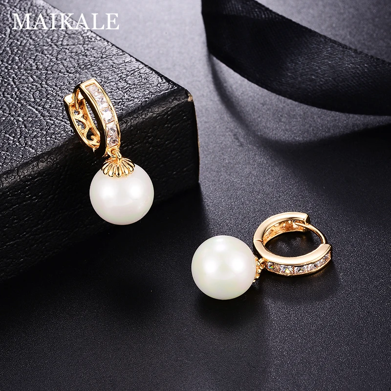 Женские серьги подвески с жемчугом MAIKALE круглые большие корейские фианитом