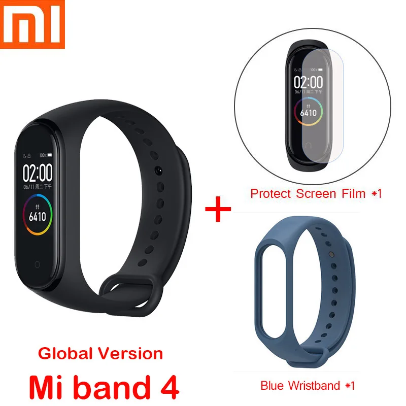 Global mi4 add strap Xiaomi mi браслет, 4 браслета/Xiaomi mi, 3 браслета, пульсометр, фитнес, цветной экран, Bluetooth 5,0, умный mi Band 4, для IOS, Android - Цвет: Global mi4 add strap