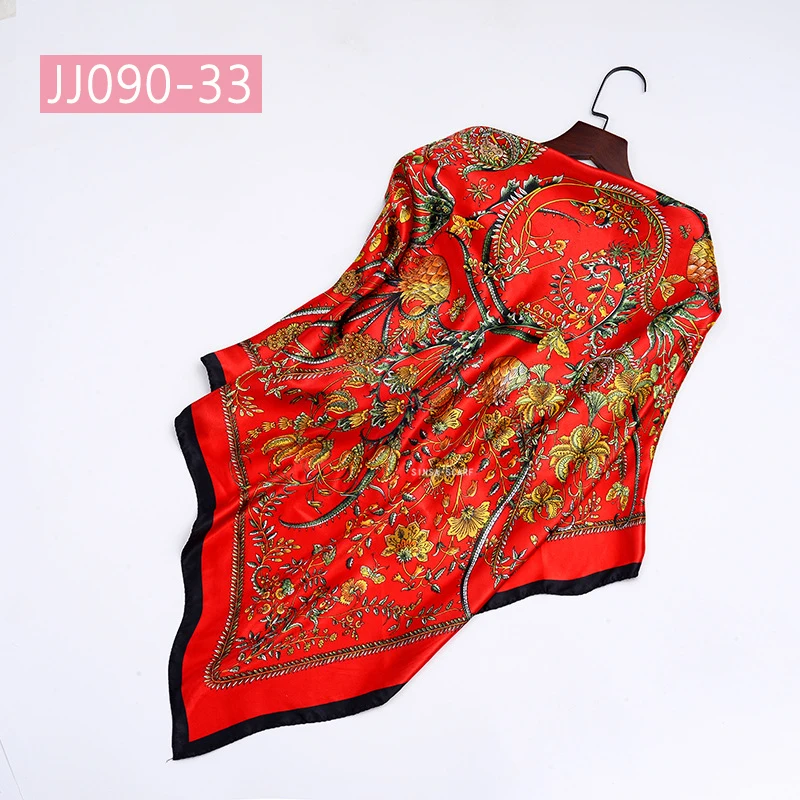 JJ090-33 90*90 см квадратный шарф для женщин, подходит ко всему, элегантные цветочные шарфы для волос, Женская бандана, весна-осень, атласные шелковые шарфы, шаль - Цвет: JJ090-33