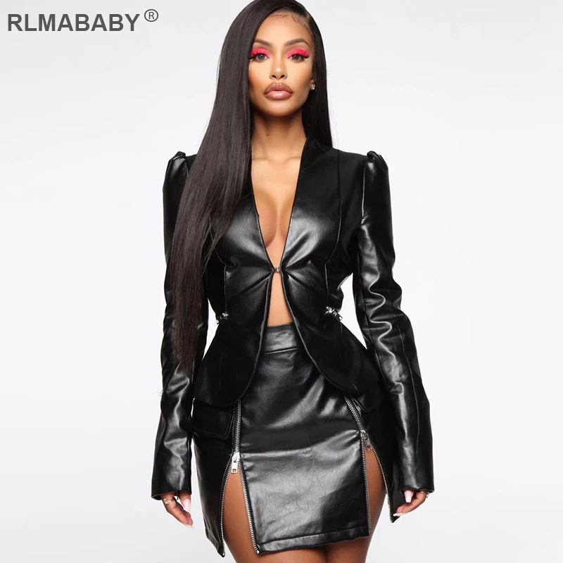 RLMABABY платье из искусственной кожи с рюшами на молнии, Женский комплект 2 шт. платье с v-образным вырезом и длинным рукавом, облегающее платье на молнии, сексуальное платье для ночного клуба