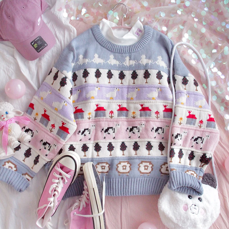 2020 Winter Sweater Thicken pullover Loose Oversize Cute Cartoon Print Vintage Soft Long Sleeve Knitted | Женская одежда