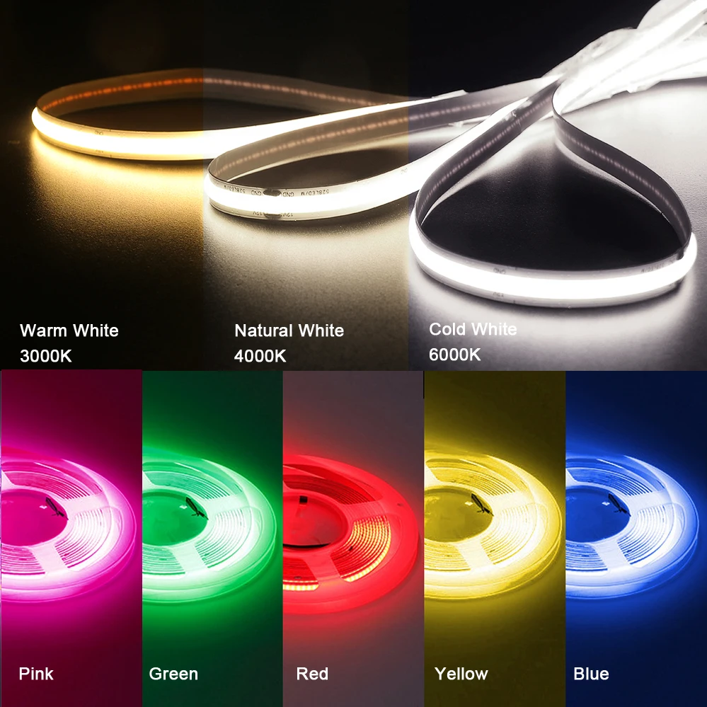 IP67 Waterproof COB LED Strip Light 320 384 528 LEDs 12V 24V High Density Flexible Lights Ra90 9 Colors Tape 5m/lot | Лампы и