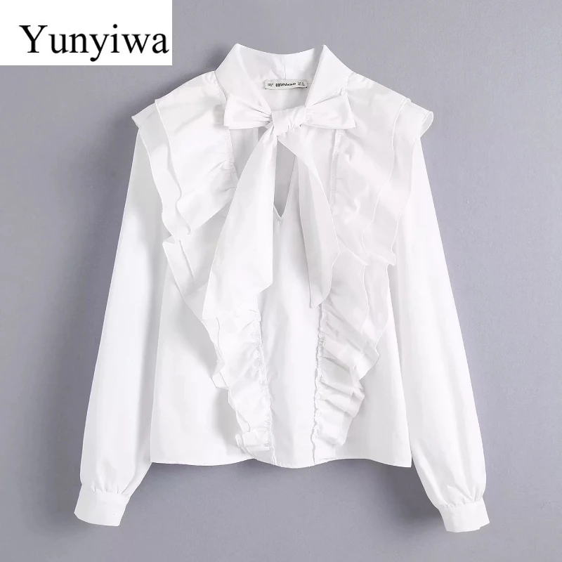

Women Sweet Bow Tied Cascading Ruffles White Blouse Stand Collar Agaric Lace Smock Shirt Femininas Chic Blusas Tops