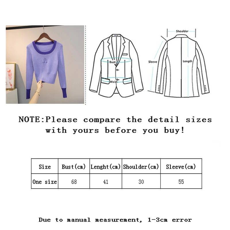 

Vangull Sexy Knitted Sweater Tops Letter Embroidery Women Short Jumper O-Neck Long Sleeve Pullovers Spring Base Crop Sweater