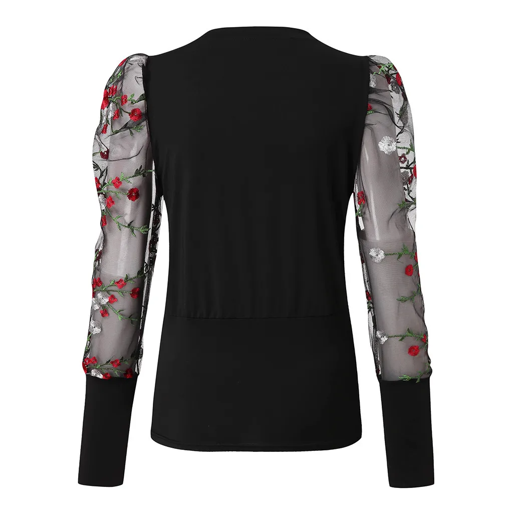 Футболка женская с длинным рукавом сетчатый топ вышивкой в стиле ретро