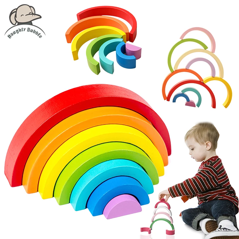 

1Set Montessori Stacking Toys Wooden Rainbow Blocks for Baby Balance Game Educational Jigsaw Puzzle Christmas Gifts With Box